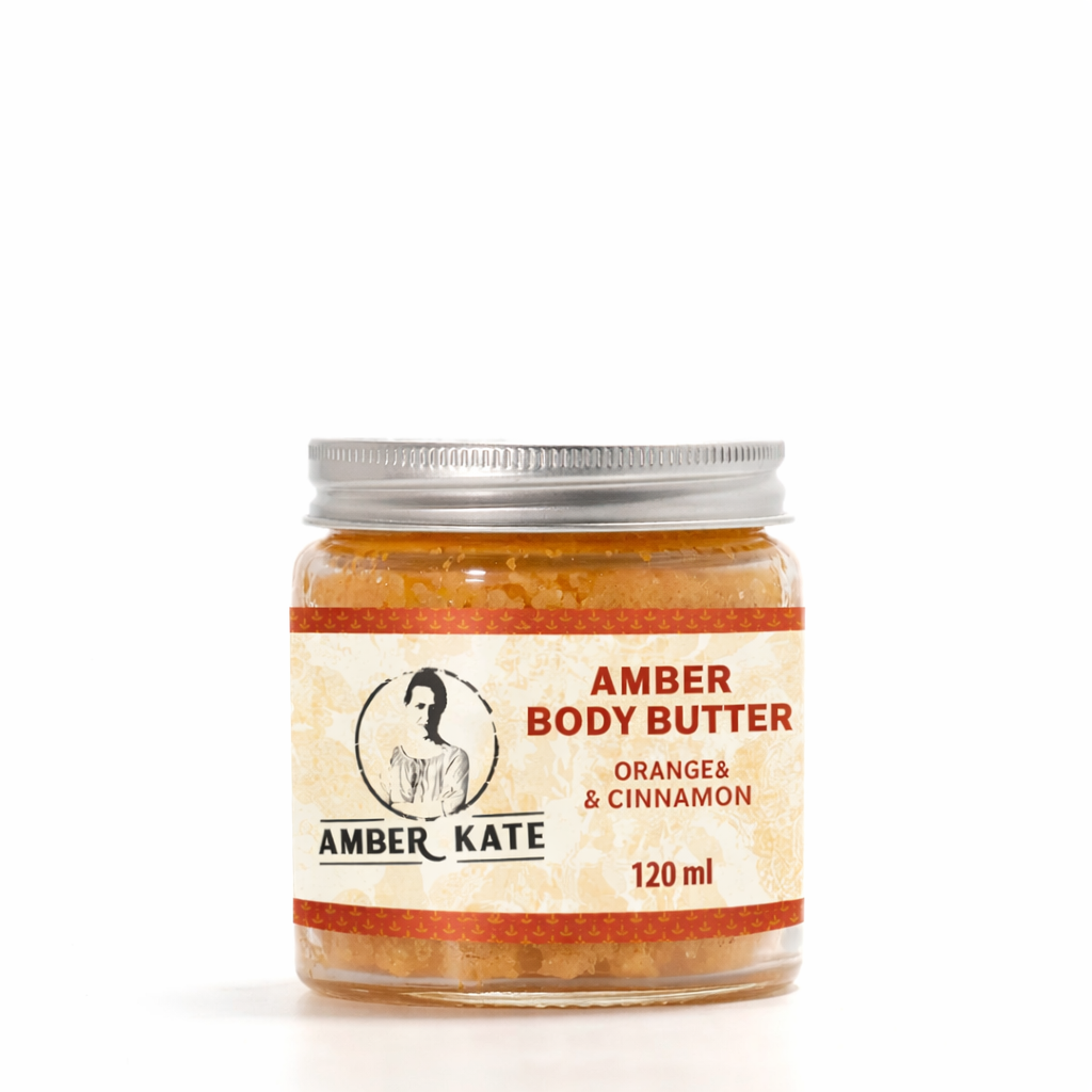 Natural amber body butter made with shea butter, almond oil, beeswax and amber extract. Deeply nourishing skincare with essential oils of orange and cinnamon.