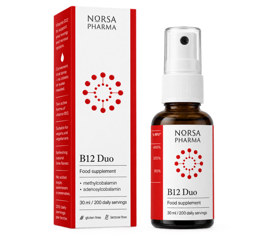 Norsa Pharma B12 Duo 30ml oral spray with methylcobalamin and adenosylcobalamin, active vitamin B12 supplement, 200 servings.