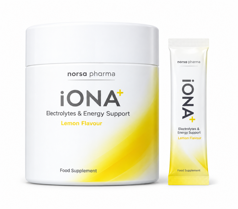 iONA+ Electrolytes by Norsa Pharma, 30 lemon-flavoured sachets with magnesium, potassium, creatine, D-ribose and taurine for hydration and energy metabolism support.