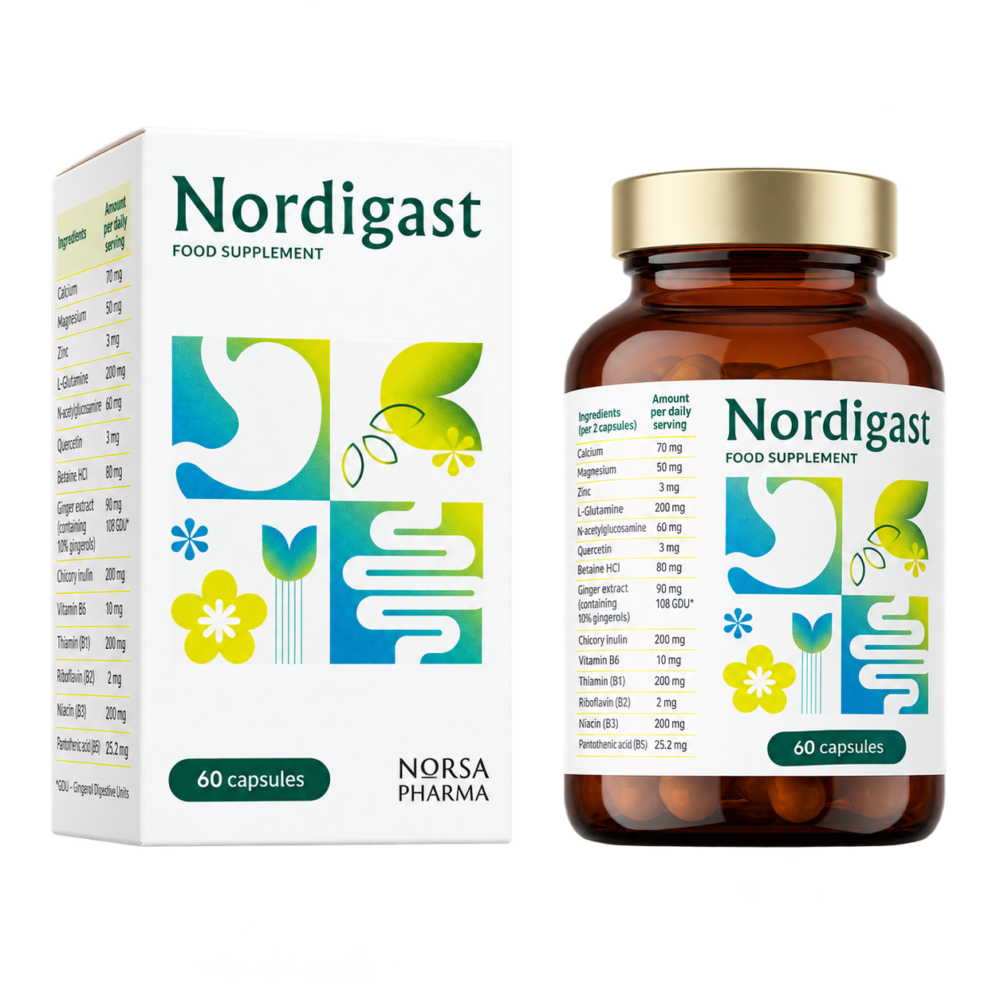 Nordigast Norsa Pharma 60 capsules food supplement with botanical extracts, bromelain and amino acids, box and bottle
